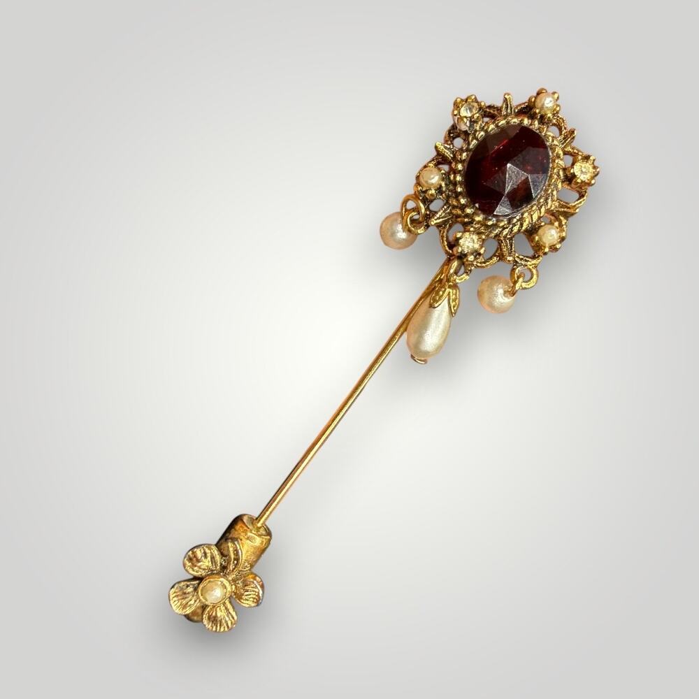 Vintage ART Signed Stick Pin Red Rhinestone Faux Pearl Gold Tone Victorian